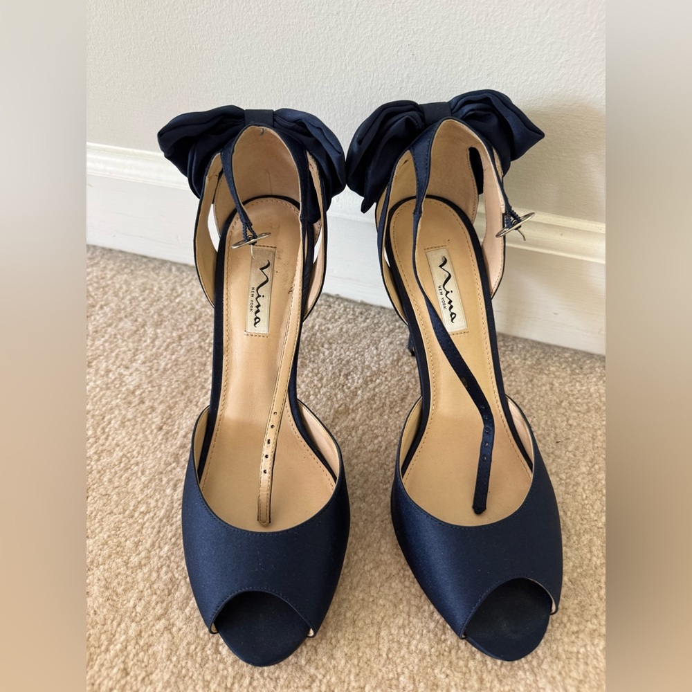 Nina Navy Satin Peep-Toe Ankle-Strap Pumps with Bow